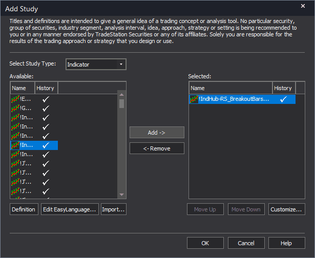 TradeStation installation step 7: Select the indicator