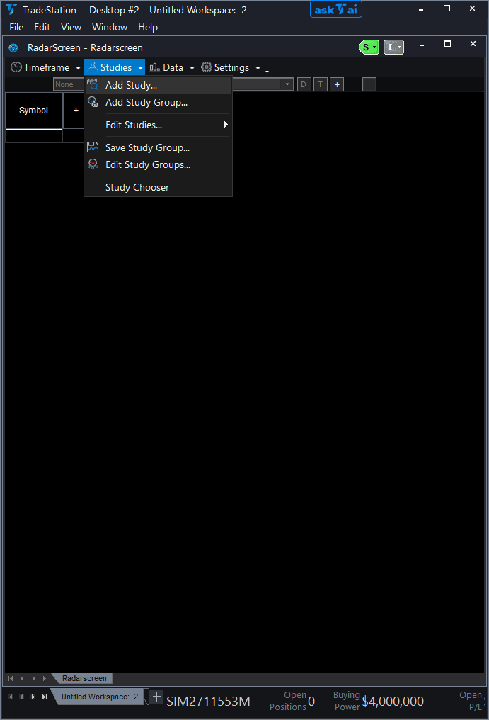 TradeStation installation step 6: Open the Studies menu